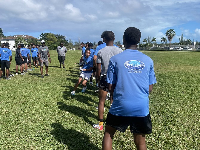 ALL FOR DEVELOPMENT: The Bahamas Youth Flag Foot- ball League (BYFFL) got their year started with the hosting of one of three free flag football clinics which continues this Saturday on the fields opposite the original Thomas A Robinson Stadium.