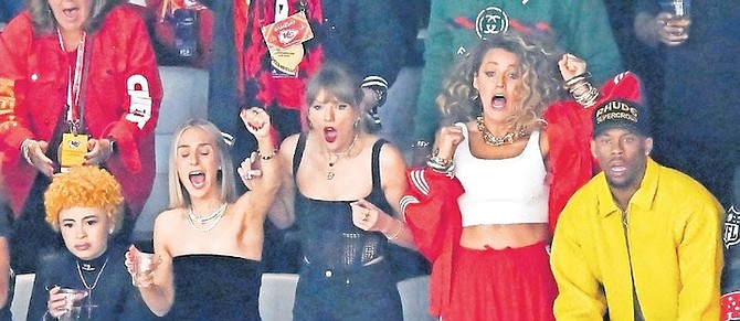 ICE SPICE, from left, Ashley Avignone, Taylor Swift and Blake Lively react during the first half of the NFL Super Bowl.
Photo: David Becker/AP