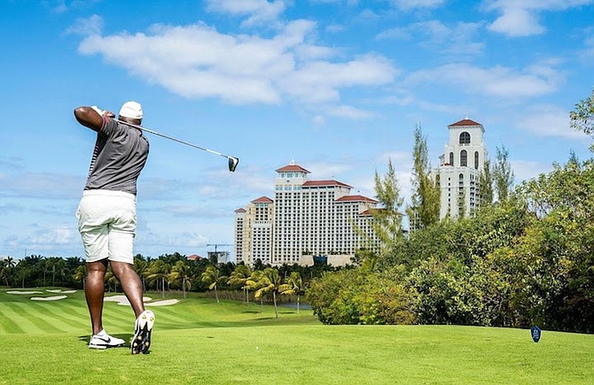 CELEBRITY SWING: Bruce Smith in action at the 2023 Baha Mar Casino Celebrity Golf Tournament at Baha Mar’s Royal Blue Golf Course.
Photo: Baha Mar