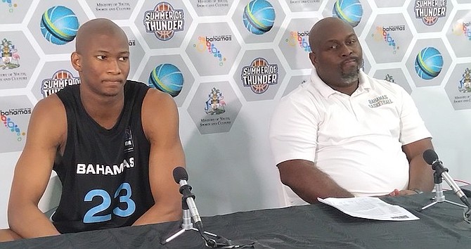 HEAD coach Moses Johnson, right, and player Kai Jones reflect on the Bahamas men’s senior national basketball team’s 86-67 loss to Puerto Rico on Sunday in the FIBA 2025 AmeriCup Qualifier at the Kendal Isaacs Gymnasium.