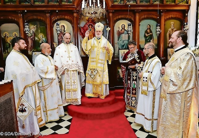Deacon Alexander Maillis (second from left) during his ordination along with Archbishop Elpidophoros (centre), Rev Father Irenaeus Cox, Parish Priest (third from right) and other clergy.
