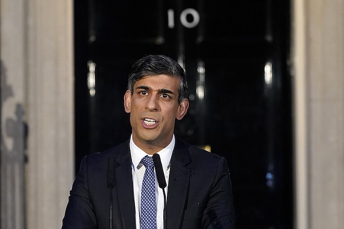 Britain’s Prime Minister Rishi Sunak addresses the media at Downing Street in London, Friday. 
Photo: Alberto Pezzal/AP