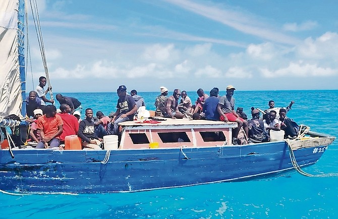 A group of 50 Haitian migrants were apprehended on Saturday about five nautical miles west of Bell Island. The vessel was originally sighted eight miles southwest of Staniel Cay and RBDF assets stationed at Matthew Town, Inagua, were deployed to detain the migrants. 	Photo: RBDF