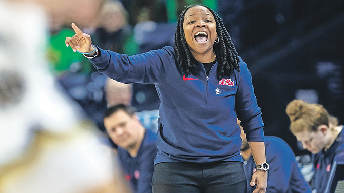 MISSISSIPPI head coach Yolett McPhee-McCuin shouts to players during the first half of a second- round college basketball game against Notre Dame in the NCAA Tournament yesterday. (AP Photo/Michael Caterina)