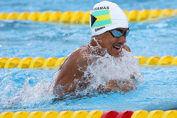 David Singh, of The Bahamas, in action during the CARIFTA Swimming Championship at Betty Kelly Kenning Swim Complex. Photo: Dante Carrer