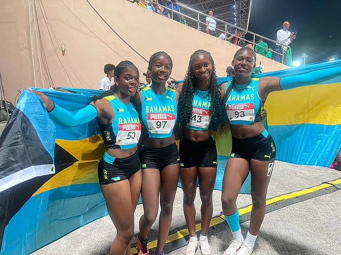 TEAM Bahamas’ under-17 girls 4x100 metre relay team, shown from left to right, Kianna Henchell, Khylee Wallace, Darvinique Dean and Keyezra Thomas.