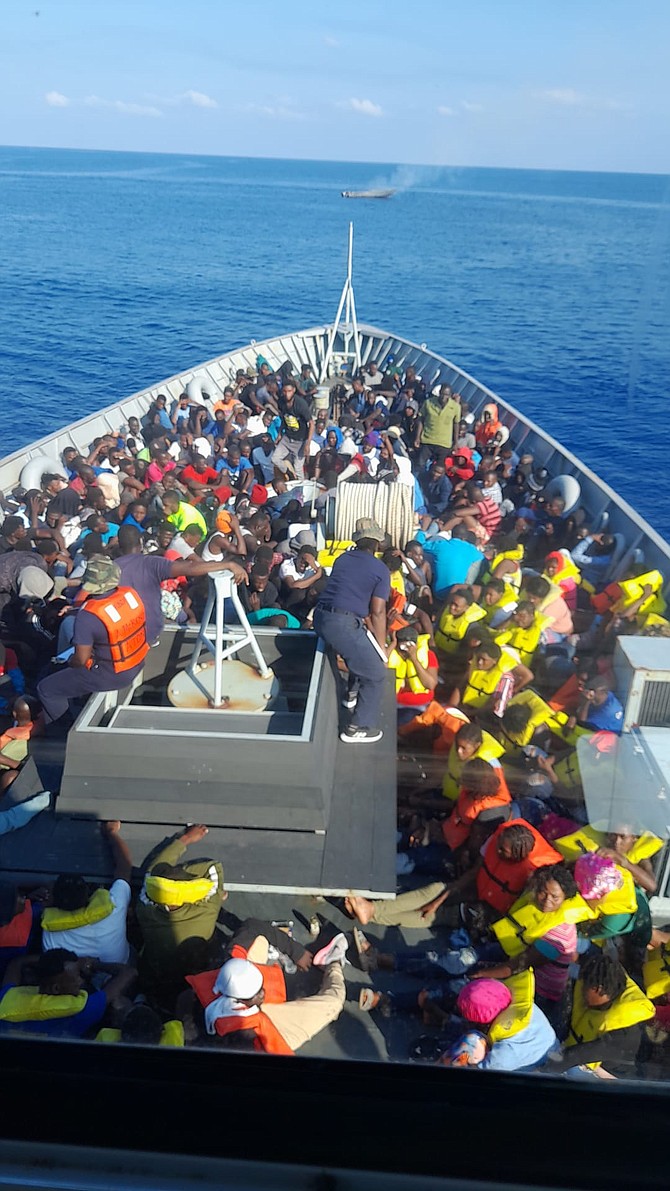 The Royal Bahamas Defence Force (RBDF) said it thwarted a large-scale migrant smuggling operation on Saturday, April 2, 2024, when it intercepted 257 Haitian migrants in waters east of Northeast Point, Inagua.
Photo: RBDF