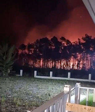 Screenshot from a video a resident took of the fire raging in the forest near their home in Andros.