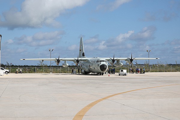 A US Air Force WC-130J outfitted for use by the Hurricane Hunters 53rd Weather Reconnaissance Squadron during a press call at Odyssey Aviation yesterday. Photos: Dante Carrer