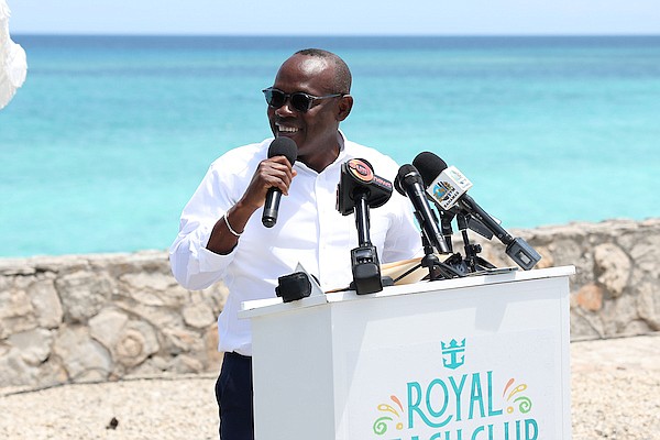 Deputy Prime Minister and Minister of Tourism, Investment and Aviation Chester Cooper speaks during the groundbreaking ceremony for the Royal Beach Club on western Paradise Island at the site on April 22, 2024. Photo: Dante Carrer