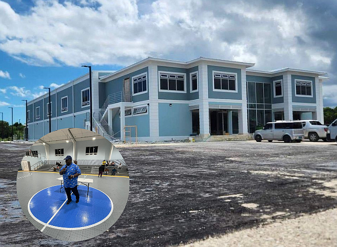 The newly constructed multipurpose South Andros Gymnasium (inset: Leon Lundy, MP for Mangrove Cay, South Andros and Central Andros).