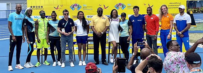 World Athletics' president Lord Sebastian Coe and Minister of Youth, Sports and Culture Mario Bowleg shown with a group of athletes being interviewed at the BTC World Relay press conference today. Photo: Tim Aylen