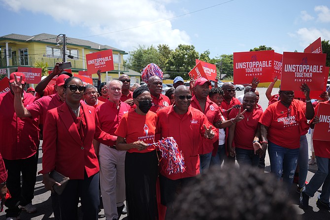 FNM leader Michael Pintard arriving at FNM headquarters to nominate accompanied by former Deputy Prime Ministers Brent Symonette and Peter Turnquest, chairman Duane Sands, Senator Darren Henfield and other supporters. Photos: Chappell Whyms Jr