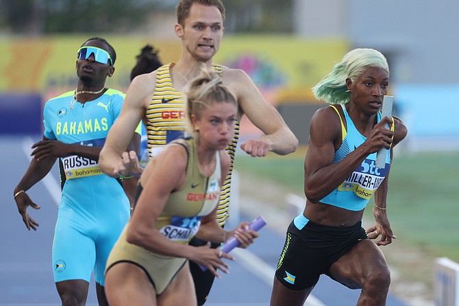 Olympic/World 400 metre champion Shaunae Miller-Uibo anchors The Bahamas’ mixed 4 x 400 metre relay team to victory on Sunday night during the BTC World Athletics Relays Bahamas 2024 at the Thomas A. Robinson National Stadium. Photo: Dante Carrer