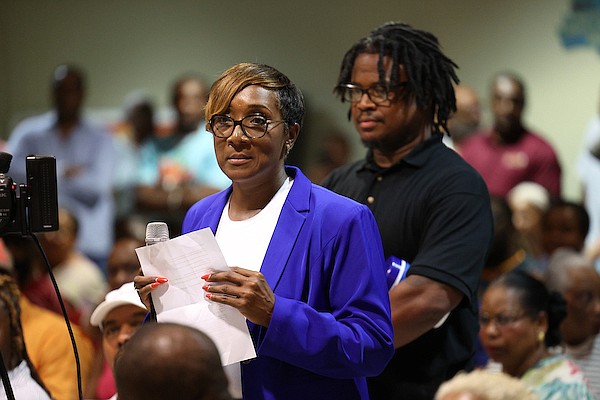 Dr Gemma Rolle speaks during the question and answer period of a town hall meeting for the proposed New Providence Hospital at Stapledon School on May 14, 2024. Photo: Dante Carrer/Tribune Staff
