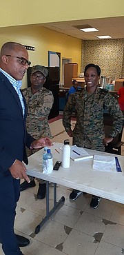 Minister of National Security Marvin Dames visits with Royal Bahamas Defence Force Officers at the Kendal G L Isaacs Shelter, Oaks Field earlier this afternoon.