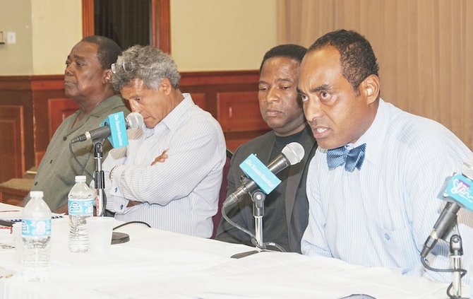 Environmental attorney Romi Ferreira said the time has come to send a clear message that Bahamians will no longer tolerate secret deals that give away land to foreign developers without proper consultation with the public. Also pictured, from left, are Rev CB Moss of the Coalition to Save Clifton, attorney and Save The Bays director Fred Smith, QC and veteran political activist Paul Moss.