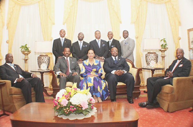 The First Bahamas Branch of Toastmasters, Club 1600 installed its 50th president at a Government House ceremony Thursday, July 17. Governor General Dame Marguerite Pindling warmly greeted the executive team. From left (single chair) Immediate past president Franklyn Winder; (seated) District Governor Anthony Longley; Dame Marguerite; Division I Governor Delmaro Duncombe; (standing) VP of Education, Carlos Palacious; VP of Membership, Chervez Brown; VP of Public Relations Roshan Noronha; Secretary Hurias Williams; Treasurer Shocoy Mullings and (seated far right) President Valentino Munroe.
