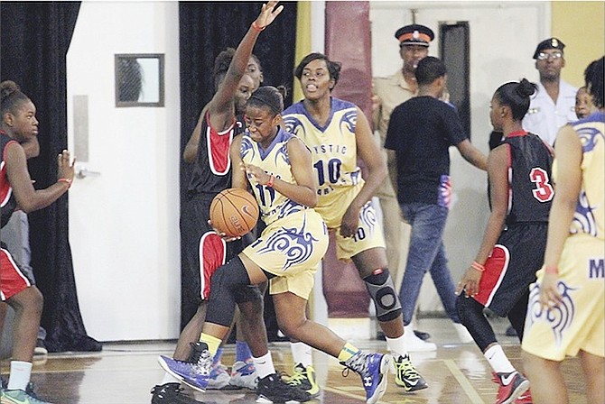 THE Doris Johnson Mystic Marlins senior girls (yellow and blue) in action yesterday at the St George’s Gymnasium in Freeport, Grand Bahama.
Photo by 10thyearseniors.com