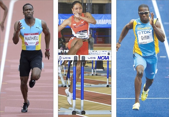 ON TRACK: (Left to right) - Michael Mathieu, Pedrya Seymour, Adrian Griffith and Alonzo Russell (not pictured) are expected to compete today at the IAAF World Indoor Championships in “Track City USA,” Portland, Oregon.
  