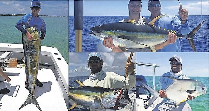 CLOCKWISE FROM LEFT: BSFN expert Justin Russell put his guest on a nice Mahi in Abaco; Deek Sweeting put his guest on nice Yellowfin Tuna near Eleuthera; Randy McKinney on the Permit in Crooked Island; BSFN expert David Rees and John were on the Yellow fin Tuna in Abaco.