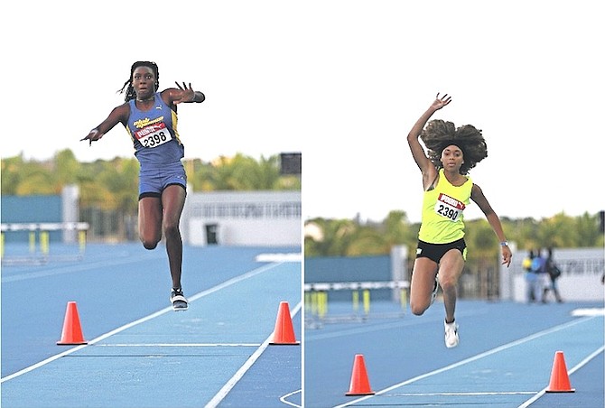CHARISMA TAYLOR and BRIA SANDS (right) compete in the Bahamas Association of Athletic Associations’ National Junior Track and Field Championships at the new Thomas A Robinson Track and Field Stadium yesterday.
Photos by Tim Clarke/Tribune Staff