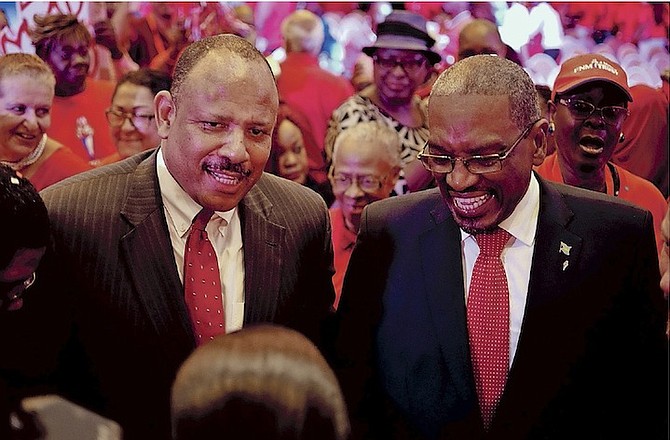 Dr Hubert Minnis with Dr Duane Sands at last week’s FNM convention. 
Photo: Shawn Hanna/Tribune Staff