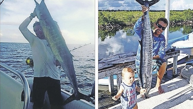 LEFT: A ‘slob’ caught off West End, Grand Bahama, by Mike Bochenek. RIGHT: Teaching them young: David Rees and son, Logan, in Abaco.