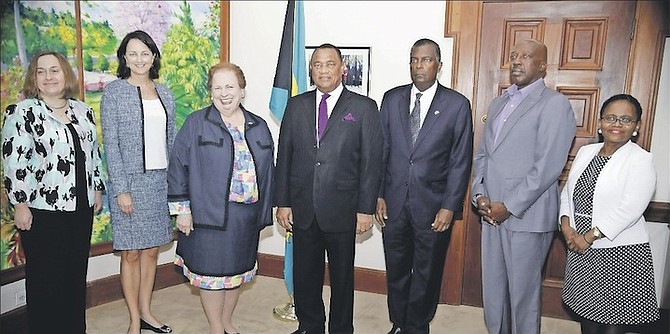 Acting Assistant Secretary of State for Western Hemisphere Affairs Mari Carmen Aponte (third left) met Prime Minister Perry Christie, Minister of National Security Dr Bernard Nottage, and Minister of Foreign Affairs and Immigration Fred Mitchell while in the Bahamas last month. Also pictured are Western Hemisphere Affairs Chief of Staff Stephanie Bowers, US Embassy Charge d’Affaires Lisa Johnson, Minister Responsible for Hurricane Recovery and Restoration Shane Gibson, and Director General, Bahamas Foreign Service Sharon Haylock. Photo: Peter Ramsay/BIS
