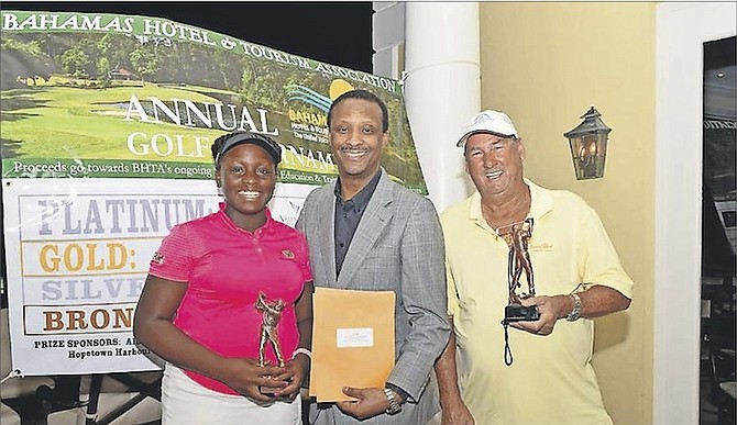 Pictured (l-r) are Ashley Michel, winner of the BHTA Annual Golf Tournament, Stuart Bowe, president of the BHTA, and Philip Pinder, winner of the BHTA’s Annual Golf Tournament.
