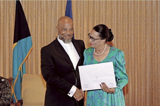 Rodney Moncur at his appointment to the Senate with Governor General Dame Marguerite Pindling.
Photo: Aaron Davis