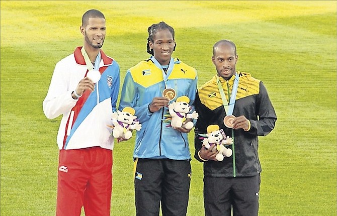 BAHAMIAN OLYMPIAN Jeffery Gibson (centre) will be matched in an epic men’s 400 metre hurdles against Javier Culson (far left) from Puerto Rico and Roxory Cato from Jamaica and Jehue Gordon (not shown) from Trinidad & Tobago.
