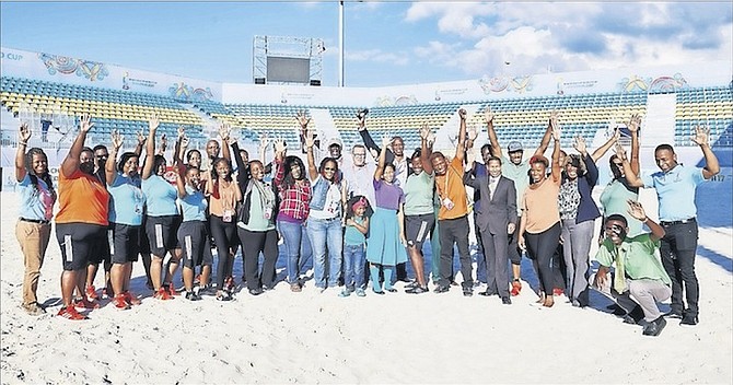 Some of the Bahamian volunteers get ready for kick off for the Fifa Beach Soccer World Cup Bahamas 2017 at the National Beach Soccer Arena at Malcolm Park. Photo: Lea Weil
