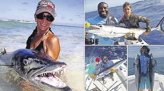 CLOCKWISE FROM LEFT: June Russell, of Blackfly Lodge, Abaco, with ‘Uncle Barry’, Captain Errol Thurston and local boy Roman with a nice catch and release White Marlin in Abaco, ‘Zebras’ still biting in Abaco, Bronson Russell with a Wahoo, a White Marlin for Captain Errol Thurston and guest.
