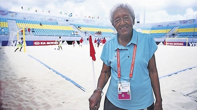 BEVERLY WALLACE-WHITFIELD is one of many volunteers at the FIFA Beach Soccer World Cup Bahamas 2017.