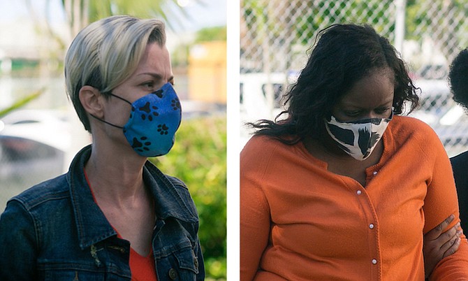 TABITHA WELLS, left, and Felicia Wilmott, outside court yesterday. Photos: Donovan McIntosh