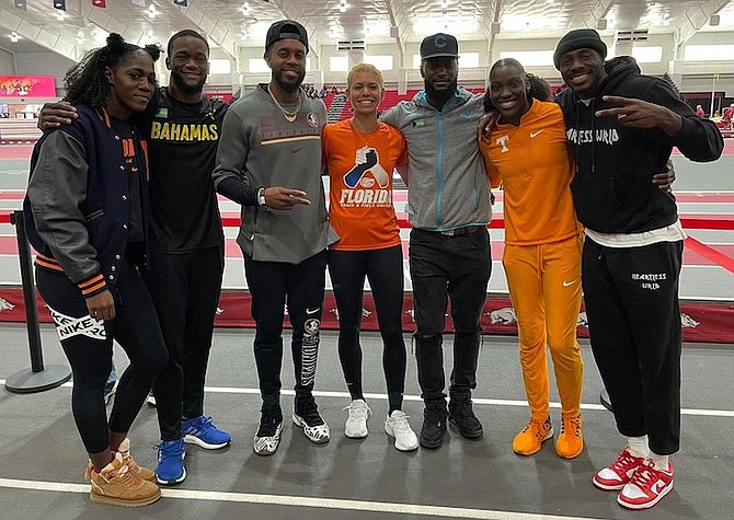 BAHAMIANS in Arkansas, shown from left to right, Doneisha Anderson, Kaiwan Culmer, coach Leevan ‘Superman’ Sands, Sasha Wells, Tre Carey, Charisma Taylor and LaQuan Nairn.
