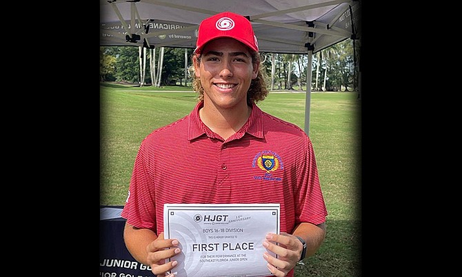 HEATHCLIFFE KANE, one of the top junior golfers in the Bahamas, earned a first place finish on
the international stage. He tied for first place at the Hurricane Junior Golf Tour’s Southeast Florida
Junior Open in Miami Lakes, Florida.