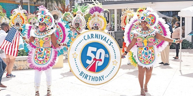 JUNKANOO performers at yesterday’s Carnival Cruise 50th Birthday Celebration. Photos: Donavan McIntosh/Tribune Staff