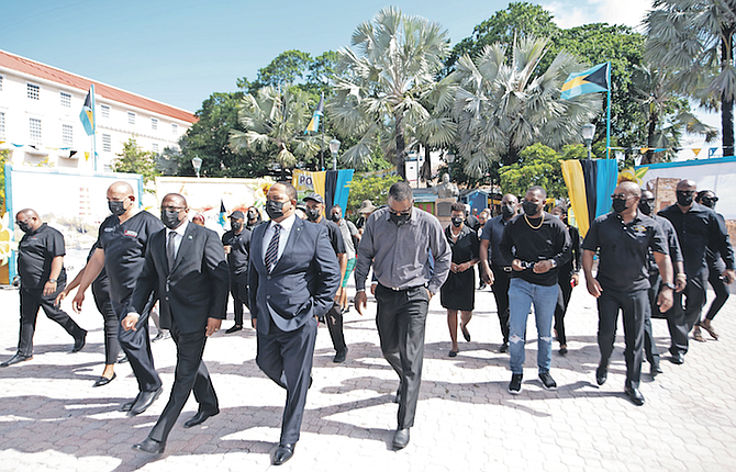 FNM members in Rawson Square yesterday. Photo: Moise Amisial