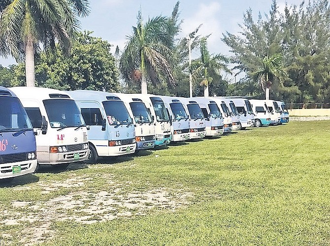 VEHICLES lined up in a protest action at RM Bailey Park yesterday.
Photos: Austin Fernander