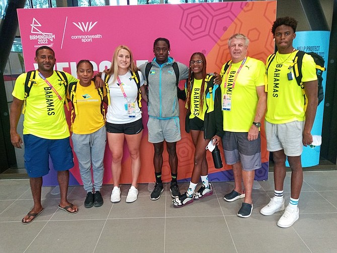 Some members of the Bahamas swim team pictured above from left to right are: Assistant coach Travano McPhee, Zaylie-Elizabeth Thompson, Lilly Higgs, Davante Carey, Rhanishka Gibbs, head coach Andy Loviett and Lamar Taylor.