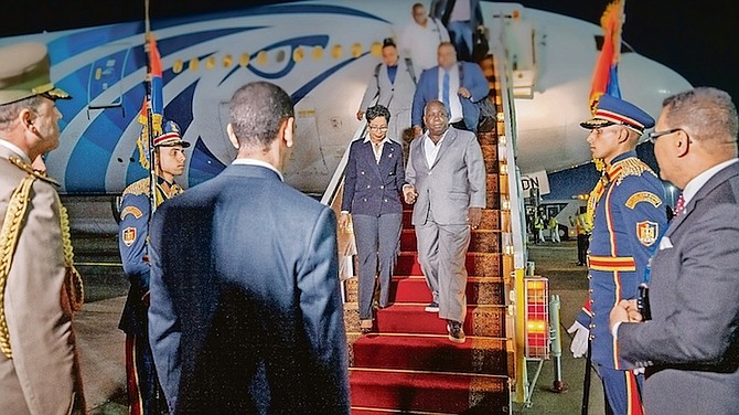 PRIME Minister Philip “Brave” Davis and his wife Ann Marie disembarking in Egypt for his visit to
the COP27 climate conference. Photo: OPM