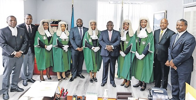 THE OPENING of the Industrial Tribunal legal year. Pictured: Tribunal President Indira Demeitte-Francis, Helen Almorales-Jones, Sharada Humes-Ferguson, Simone Fitzcharles, Ingrid Cooper-Brooks, Rionda Godet, alongside Prime Minister Philip “Brave” Davis, Labour and Immigration Minister Keith Bell, Foreign Affairs Minister Fred Mitchell, acting Governor General Jomo Campbell, and Chief Justice Ian Winder. Photo: Austin Fernander