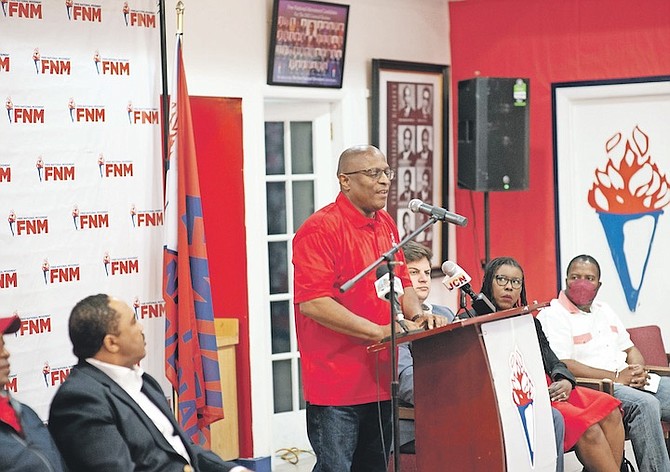 FNM leader Michael Pintard speaking at last night’s FNM meeting. Photo: Moise Amisial