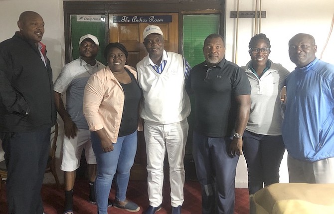 PICTURED, from left to right, are Keno Turnquest, Keithen Stuart, Raquel Riley, Glenn Pratt, Marcus Pratt, Georgette Rolle-Harris and Chris Lewis. Master golf pro and former Young Lions standout Glenn Pratt has been unanimously elected as the new president of the Bahamas Professional Golfers Association.