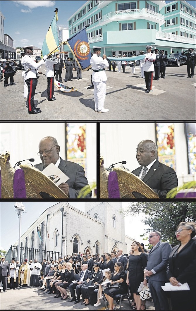 TOP: Police perform flag ceremony. Mid left: Former Prime Minister Hubert Ingraham speaks at the funeral. Mid right: Prime Minister Philip Davis speaks at the funeral. Bottom: George Myers’ family sitting outside Christ Church Cathedral on George Street where a state funeral was held in his honour. 
Photos: Moise Amisial