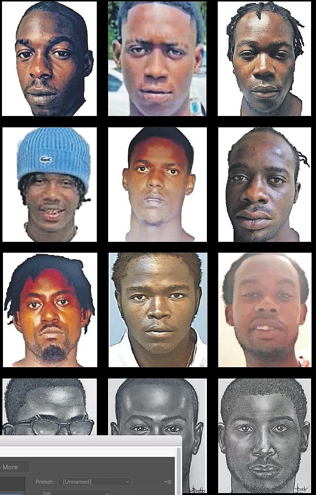 POLICE yesterday issued a series of wanted notices in a bid to find suspects for a number of serious crimes. Pictured from left, top row, are Adari Wright, wanted for murder; Aerlainsky Karistil AKA Kino Karstil AKA “World Boss”, wanted for murder; attempted murder suspects Sony Gabriel; (second row) Romeo Cooper alias “Ro”; Tamiko Coakley alias “Miko”; Tevin Bethel alias “Tay”; (third row) Micah Johnson alias “Michael Myers”; Antonio Sands AKA “Nye”; wanted for threats of death, Michael Major Vaughn Munroe Jr; (bottom row) and three unknown rape suspects.