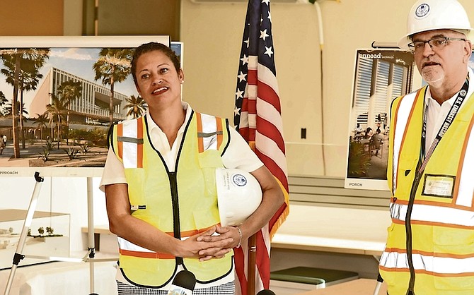 THE new $310m US Embassy building on East Hill Street will be completed by 2024, according to US Chargé d’Affaires Usha Pitts who accompanied reporters on a tour of the 90,000 sq ft compound, highlighting its “climate-sensitive details”. Ms Pitts (left) is pictured here with project director Stephen Ziegenfuss. 
Photo: Moise Amisial