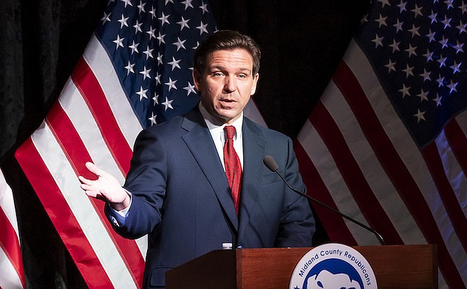 Florida Governor Ron DeSantis speaks at a Midland County Republican Party breakfast in Midland, Michigan, on April 6, 2023.
Photo: Kaytie Boomer/AP
